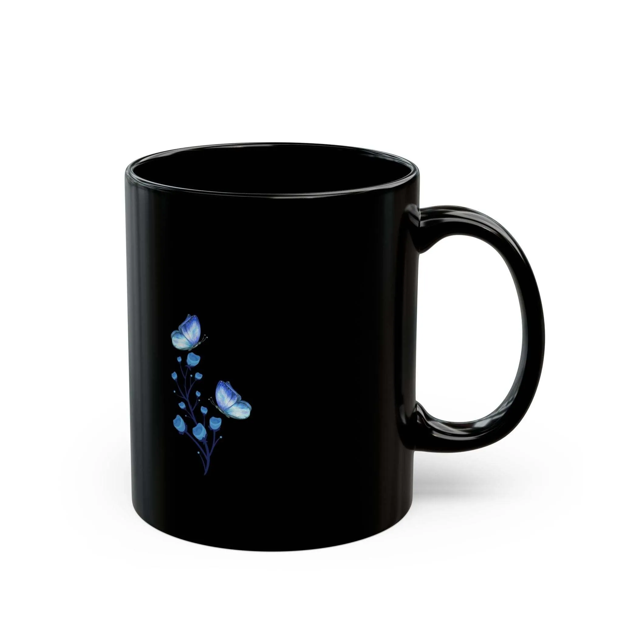 Black Ceramic Mug with Blue flower