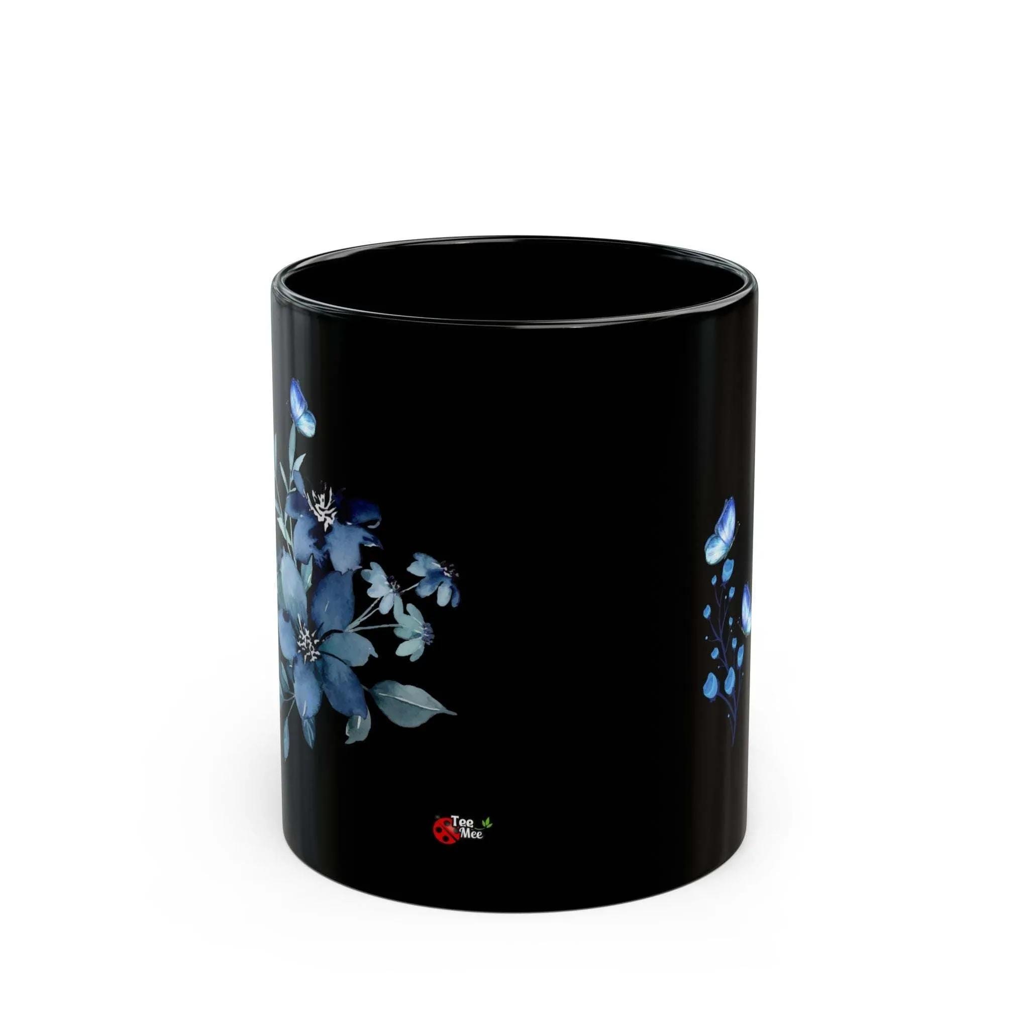 Black Ceramic Mug with Blue flower