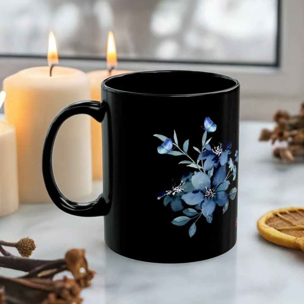 Black Ceramic Mug with Blue flower