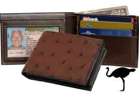 Brown Ostrich Full Quill Luxury Designer Exotic Bifold Wallet With Flip Up ID Window