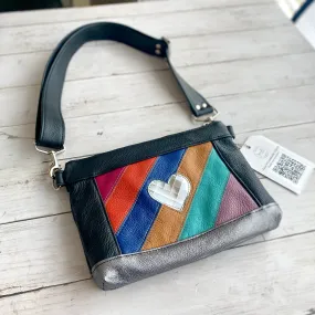 Crossbody Clutch in Rainbow Mirror Ball Heart Patchwork, Onyx, Gunmetal (  video)