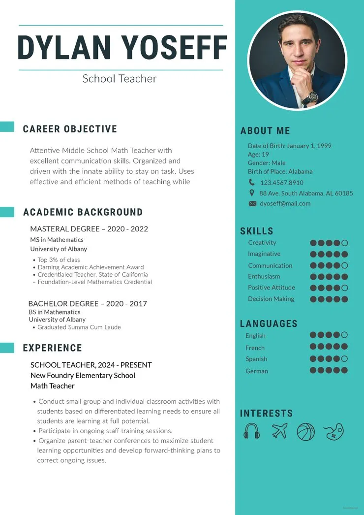 Free School Teacher Resume CV Template in Photoshop (PSD) Format