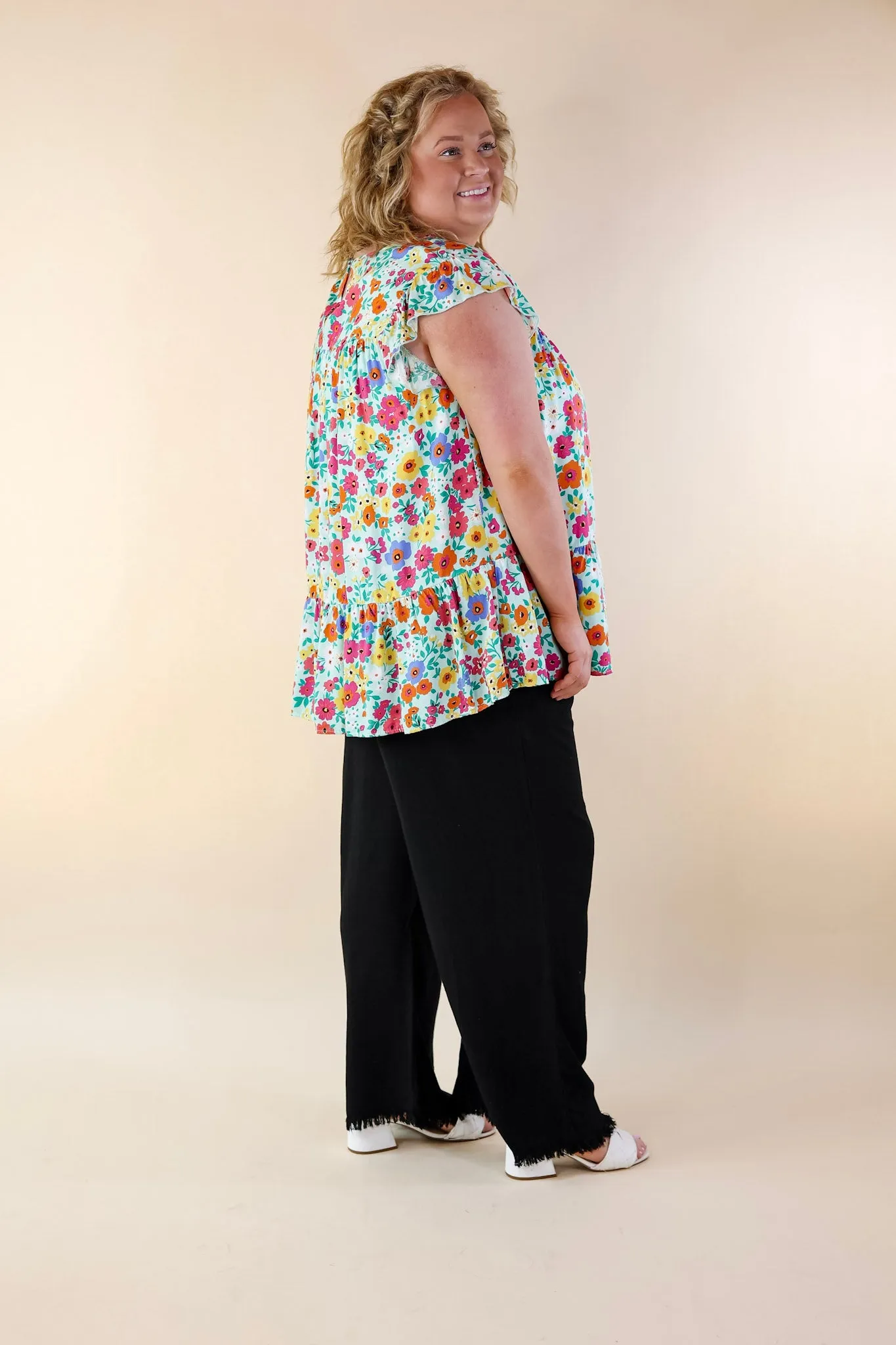 Full of Life Multicolor Floral Ruffle Sleeve Top in Light Green