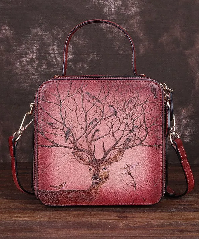 Handmade Grey Print Paitings Calf Leather Tote Handbag