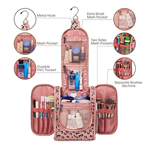 Hanging Travel Toiletry Bag Cosmetic Make up Organizer, Orange Leopard
