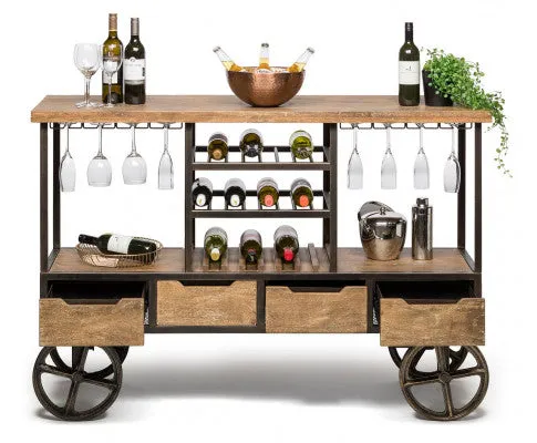 Industrial Style Wooden Bar Cart Drinks Trolley Station with Wine Bottle Rack