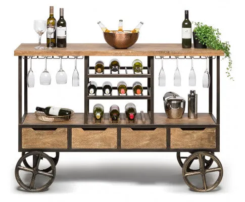 Industrial Style Wooden Bar Cart Drinks Trolley Station with Wine Bottle Rack