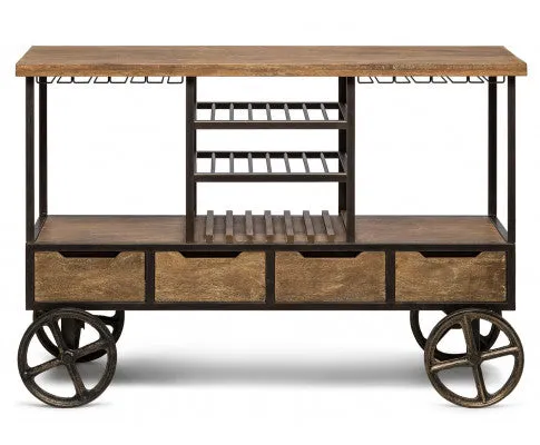 Industrial Style Wooden Bar Cart Drinks Trolley Station with Wine Bottle Rack