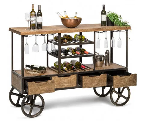 Industrial Style Wooden Bar Cart Drinks Trolley Station with Wine Bottle Rack