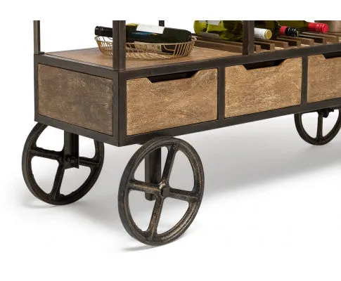 Industrial Style Wooden Bar Cart Drinks Trolley Station with Wine Bottle Rack