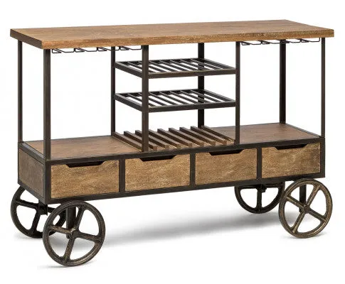 Industrial Style Wooden Bar Cart Drinks Trolley Station with Wine Bottle Rack