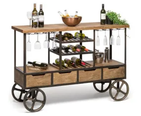 Industrial Style Wooden Bar Cart Drinks Trolley Station with Wine Bottle Rack