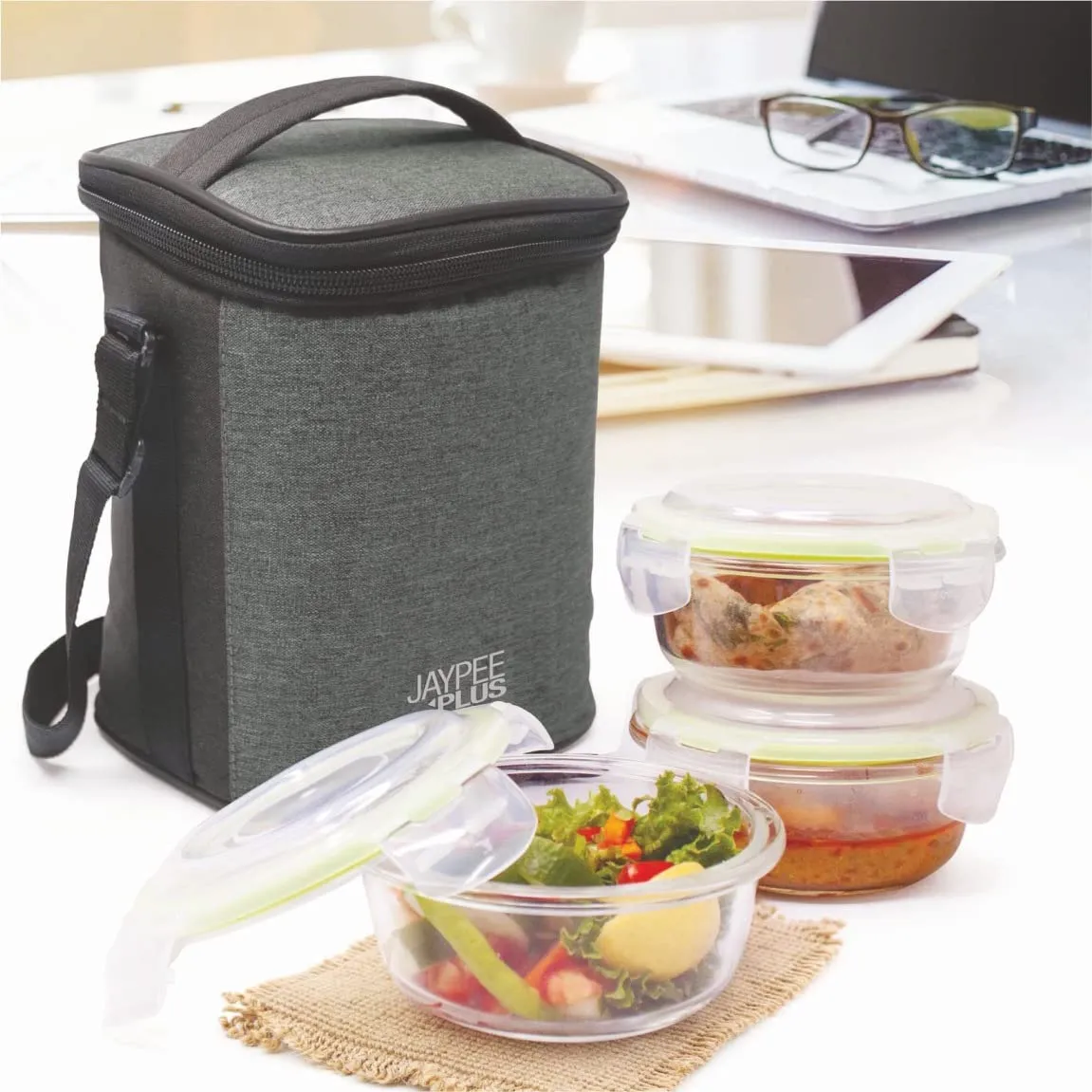 Jaypee Plus Klarozip Round 3 Microwave Safe Lunch Box for Office Glass Container Set of 3 (400 400 400) ml Transparent Leak Proof Tiffin Box