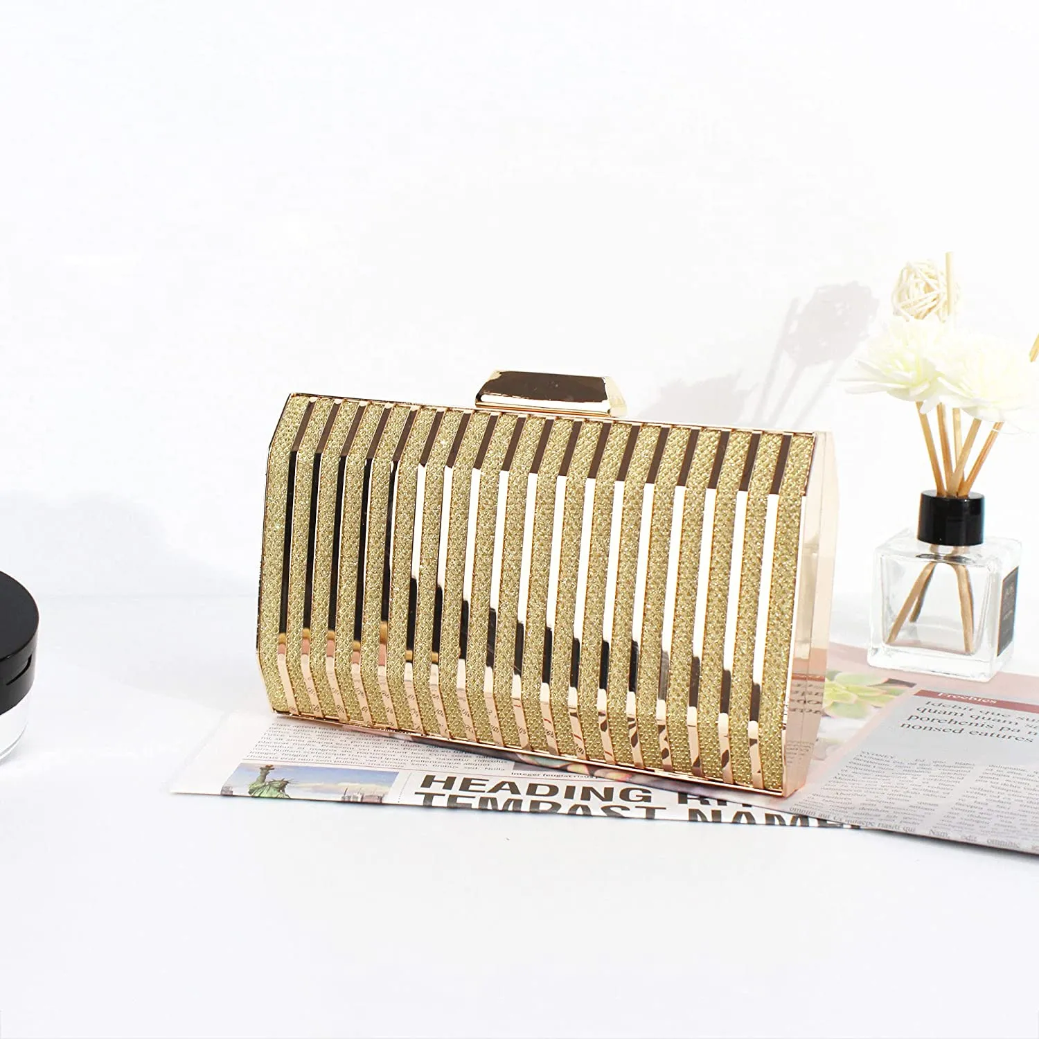 Lattice Pattern Gold Metal Chain Handbag Evening Clutch Purse