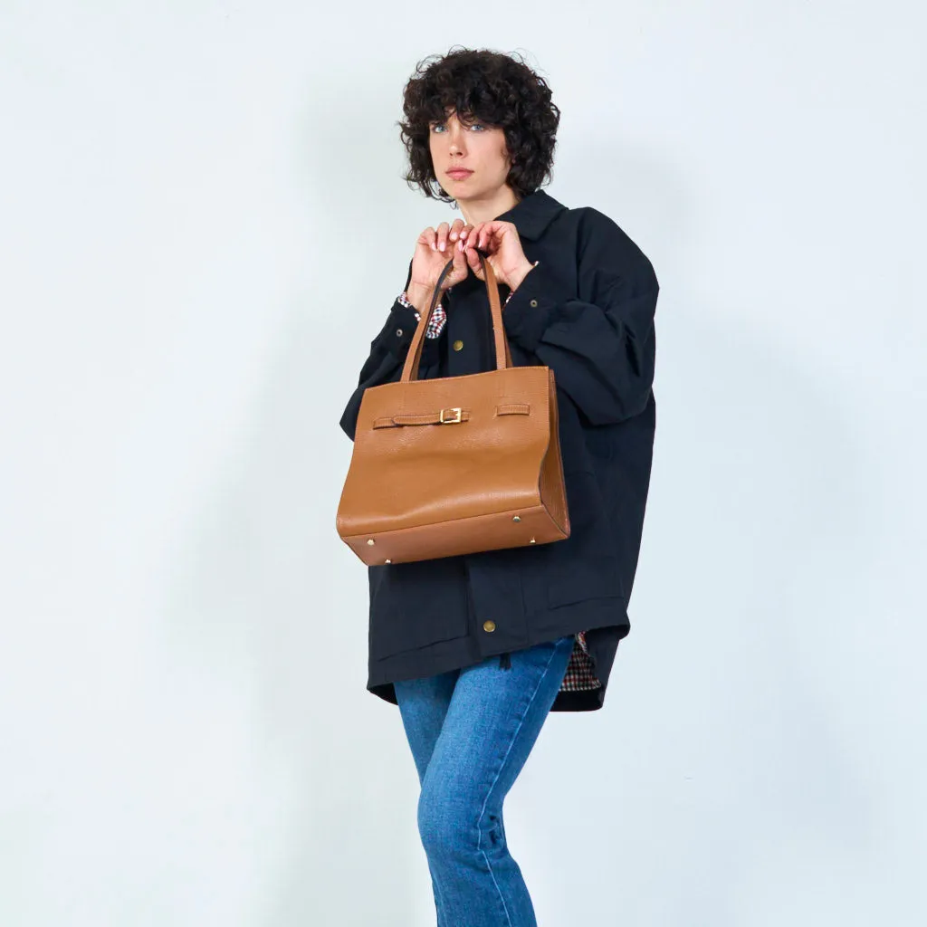 Leather tote with buckle detail wholesale