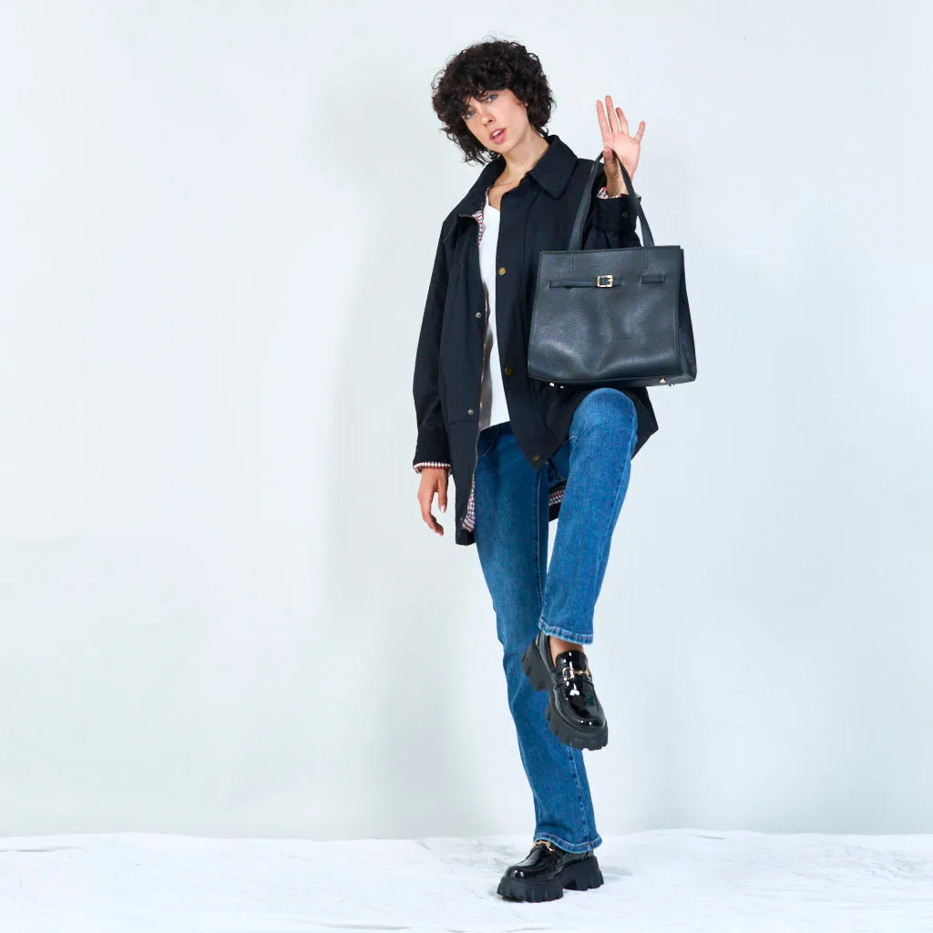 Leather tote with buckle detail wholesale