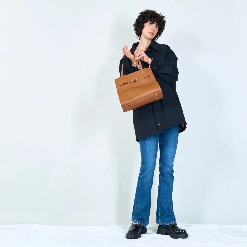 Leather tote with buckle detail wholesale
