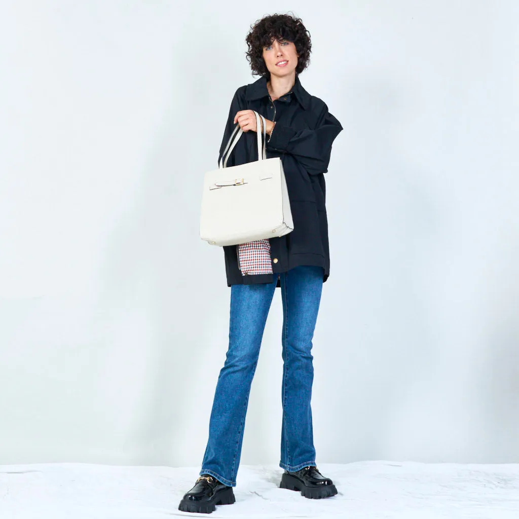 Leather tote with buckle detail wholesale
