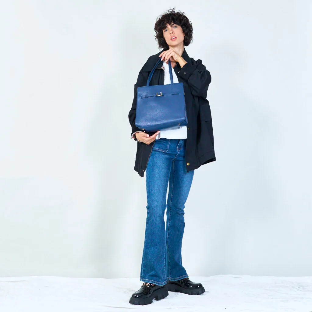 Leather tote with buckle detail wholesale