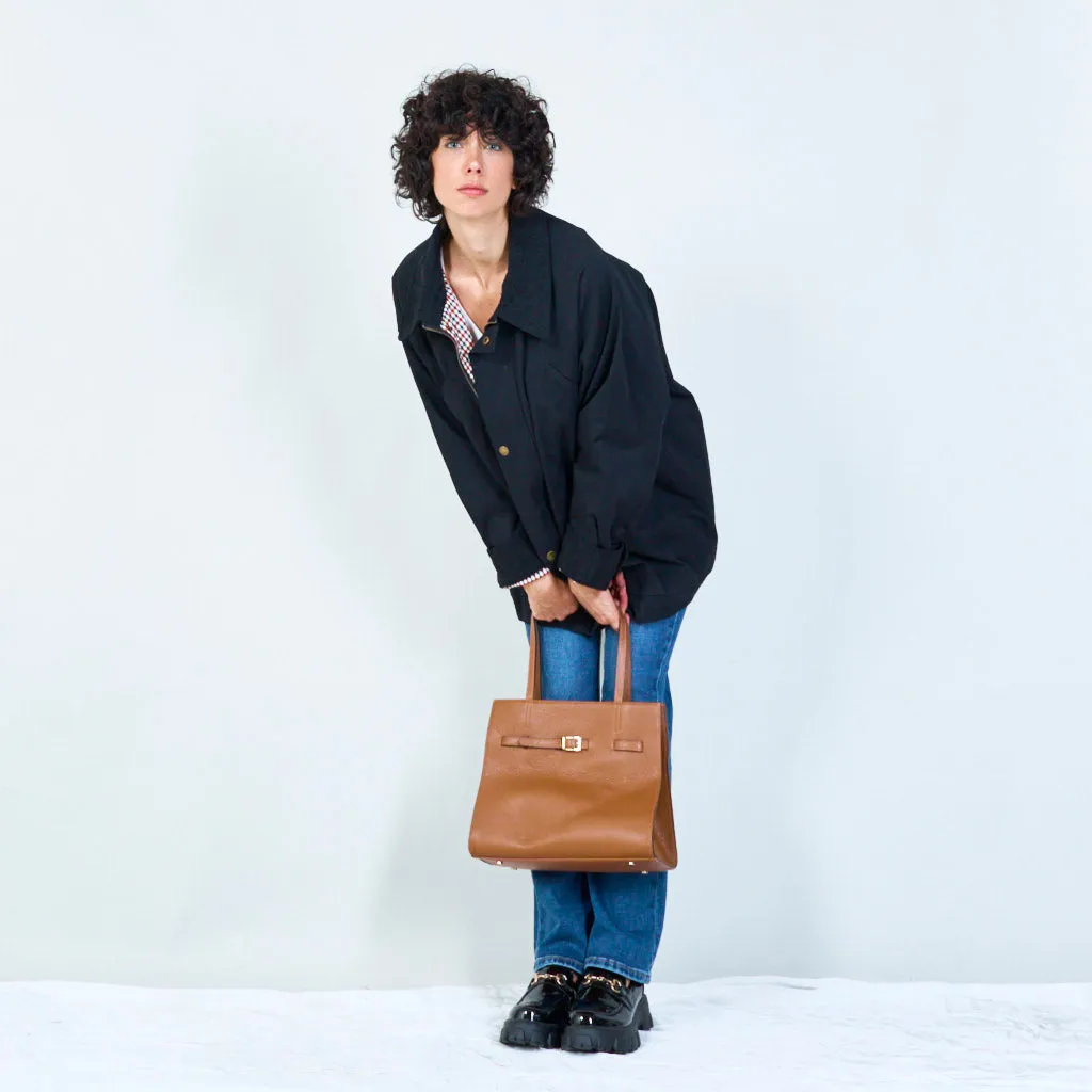 Leather tote with buckle detail wholesale