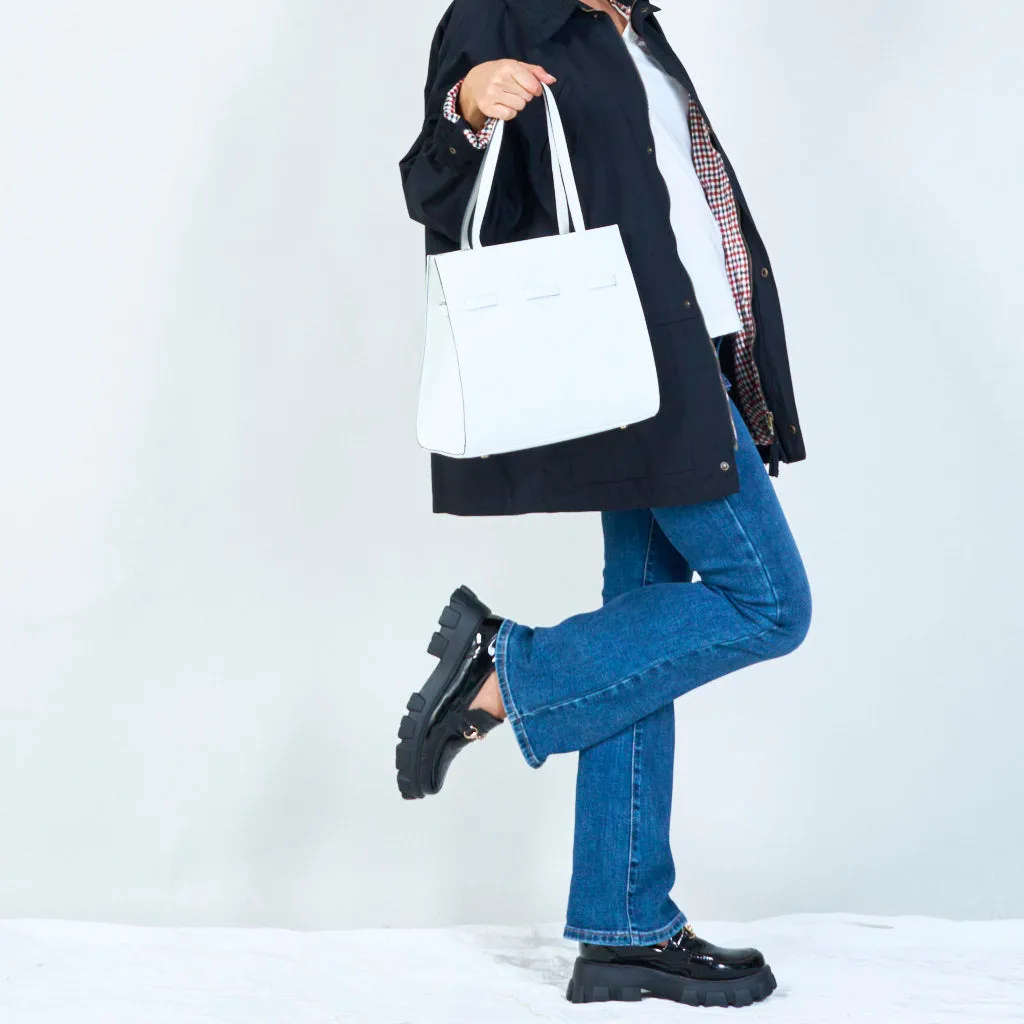 Leather tote with buckle detail wholesale
