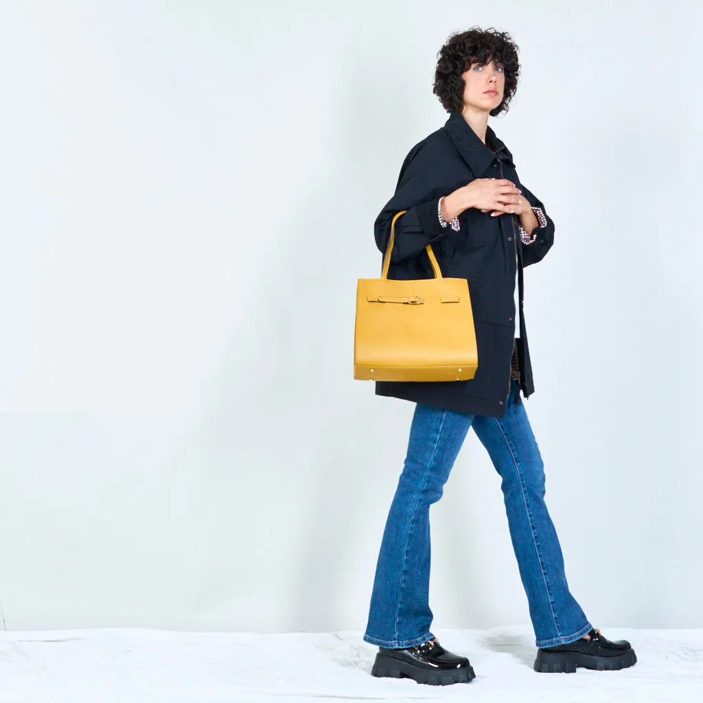 Leather tote with buckle detail wholesale