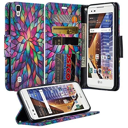 LG Tribute HD | X Style | Volt 3 Case, Wrist Strap Pu Leather Magnetic Flip Fold[Kickstand] Wallet Case with ID & Card Slots - Rainbow Flower