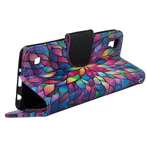 LG Tribute HD | X Style | Volt 3 Case, Wrist Strap Pu Leather Magnetic Flip Fold[Kickstand] Wallet Case with ID & Card Slots - Rainbow Flower