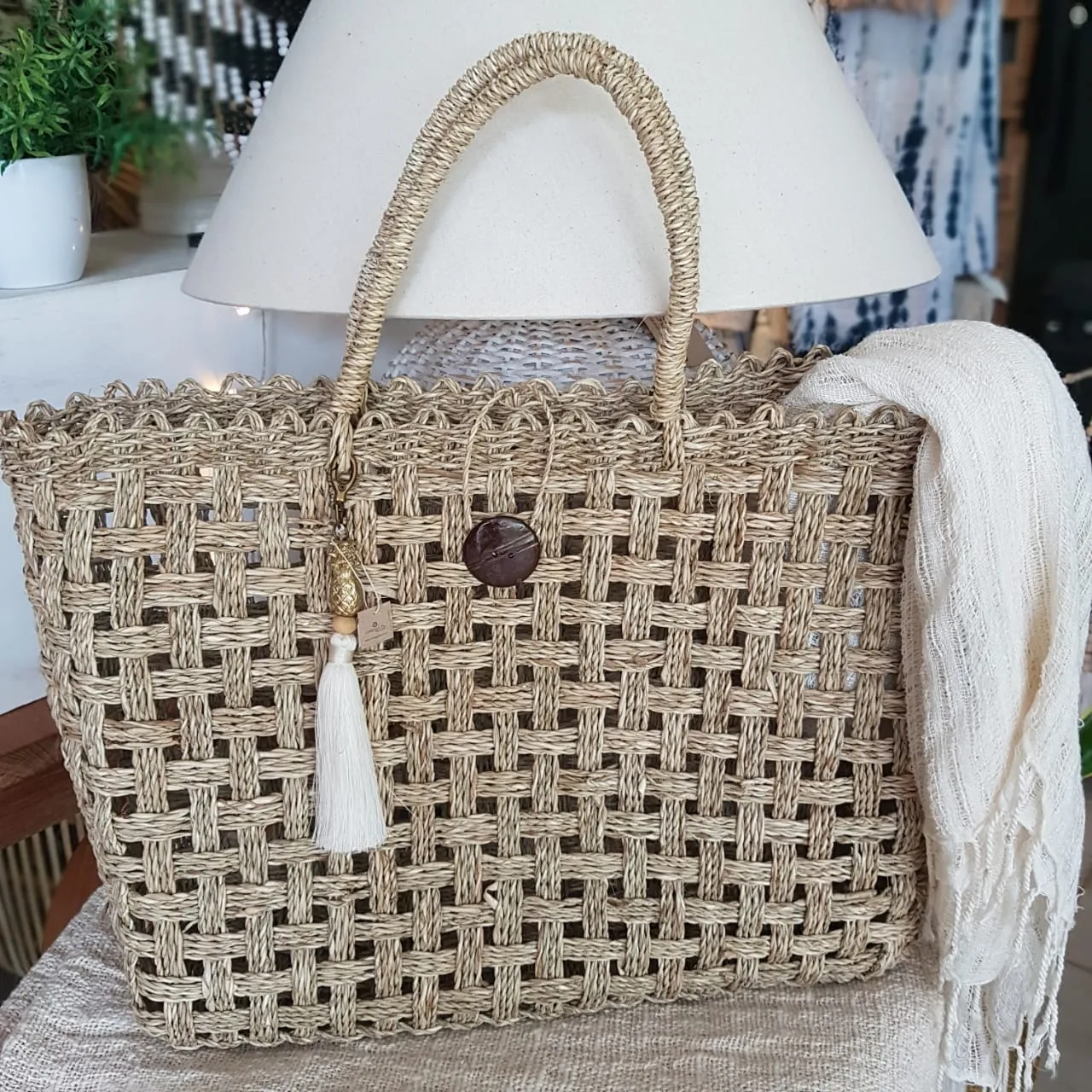Natural Woven Water Hyacinth Bag With Coconut Shell Button