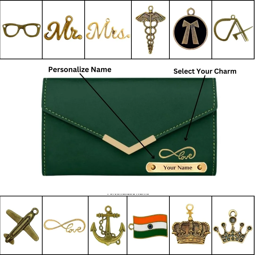 Personalized Womens Wallet with Name & Charms - Green