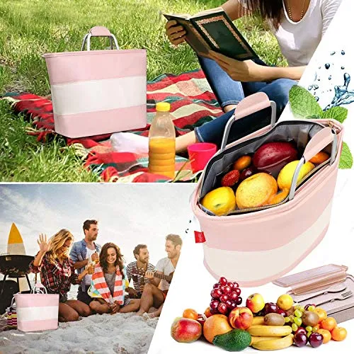 Pink and Ivory Insulated Leakproof Lunch Tote Bag Cooler with Zipper & Pocket