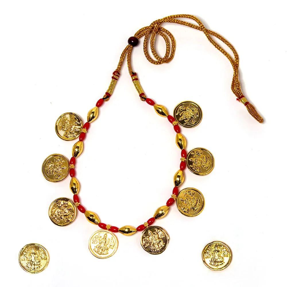 Red and Golden Mani Mahalaxmi Coin Embedded Powala Necklace Set