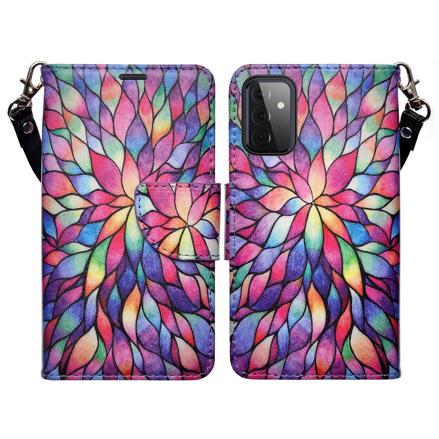 Samsung Galaxy A72 5G Case, Galaxy A72 5G Wallet Case, Wrist Strap Pu Leather Wallet Case [Kickstand] with ID & Credit Card Slots - Rainbow Flower