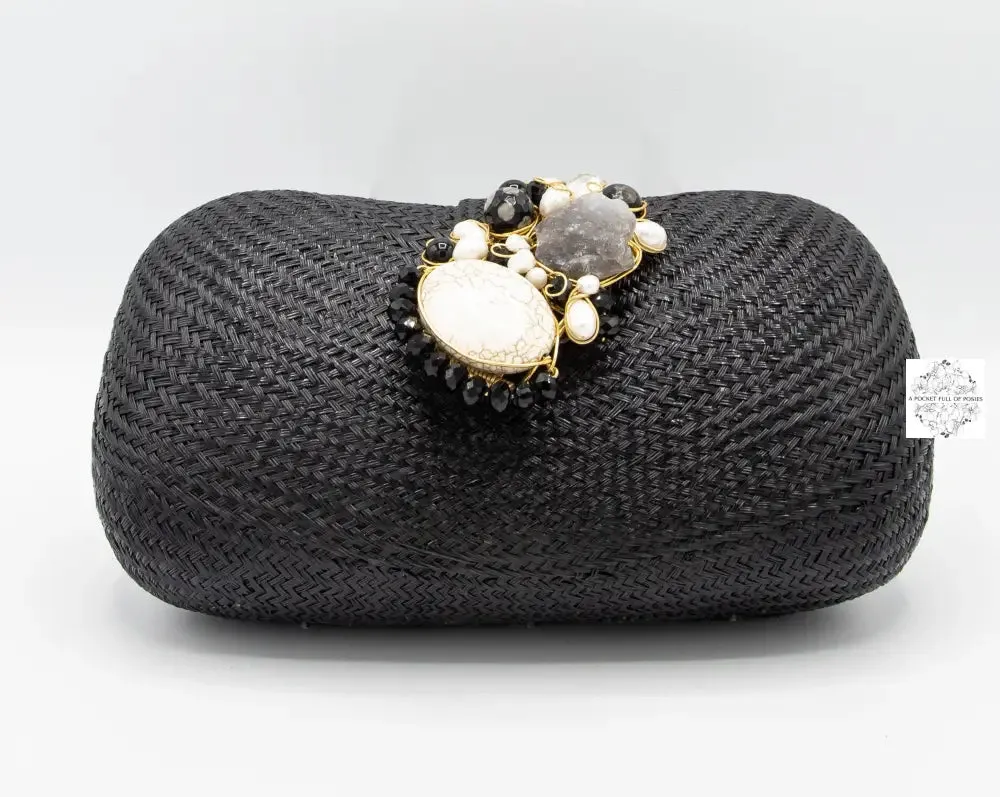Soft curve black straw clutch with stone closure (with optional reception strap) handmade by crafts-persons from the Philippines