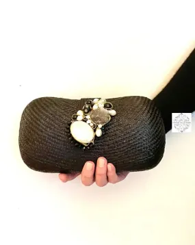 Soft curve black straw clutch with stone closure (with optional reception strap) handmade by crafts-persons from the Philippines