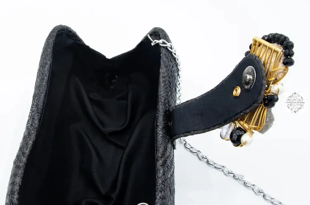 Soft curve black straw clutch with stone closure (with optional reception strap) handmade by crafts-persons from the Philippines
