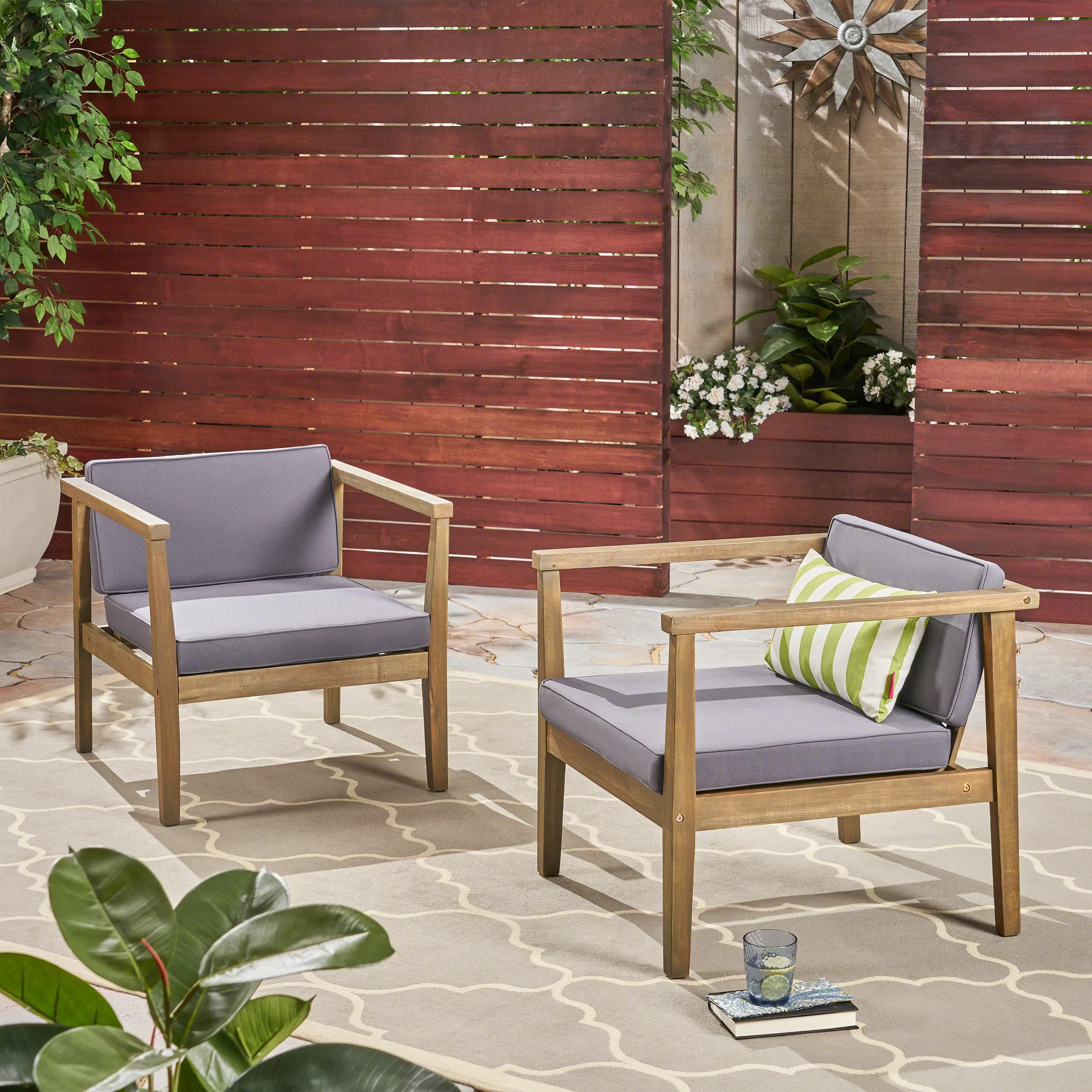 Thomson Outdoor Acacia Wood Club Chairs with Water-Resistant Cushions (Set of 2)