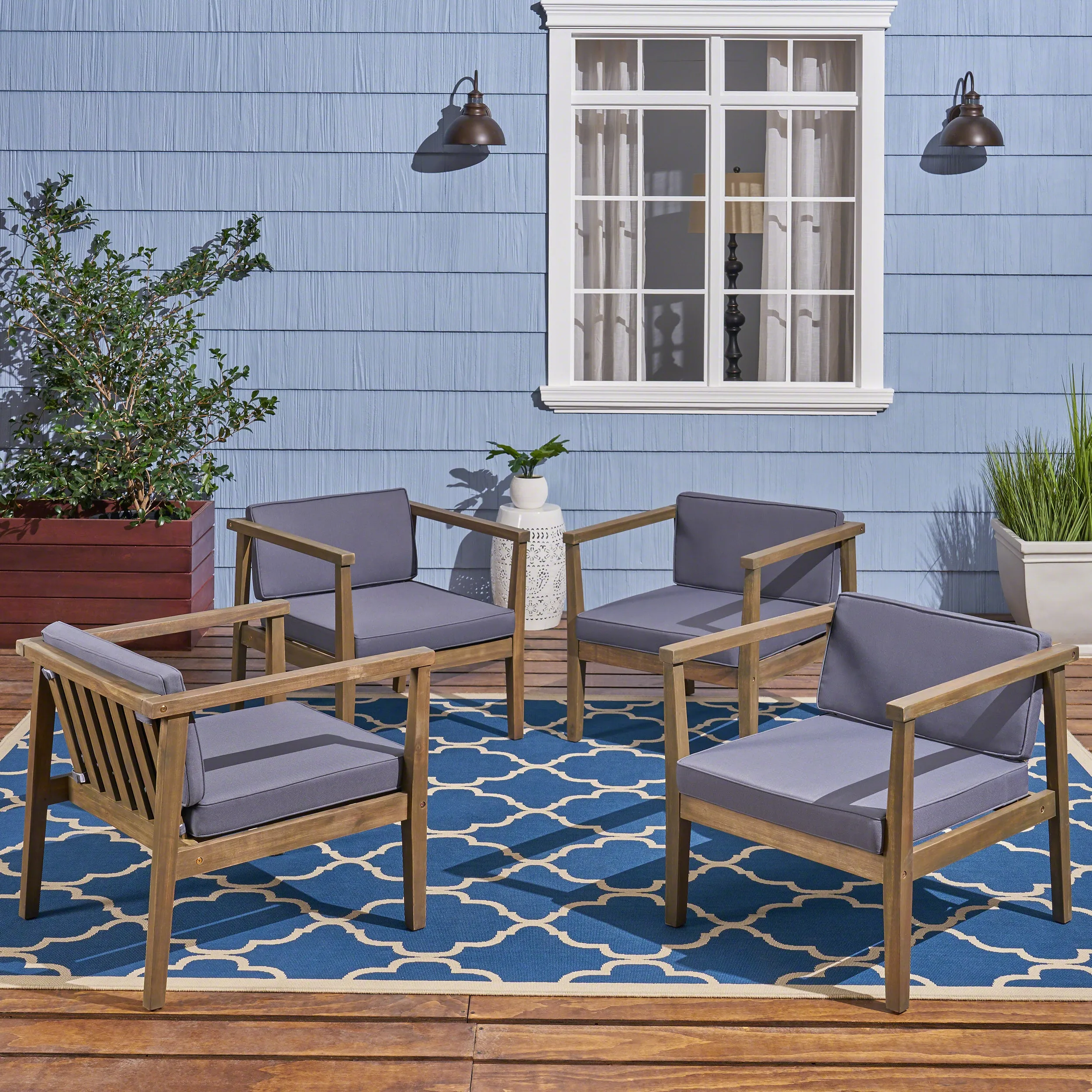 Thomson Outdoor Acacia Wood Club Chairs with Water-Resistant Cushions (Set of 4)