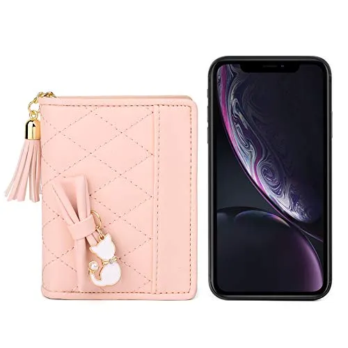 UTO Women PU Leather Small Wallet Cat Pendant Card Phone Holder Zipper Coin Purse Zoey Pink