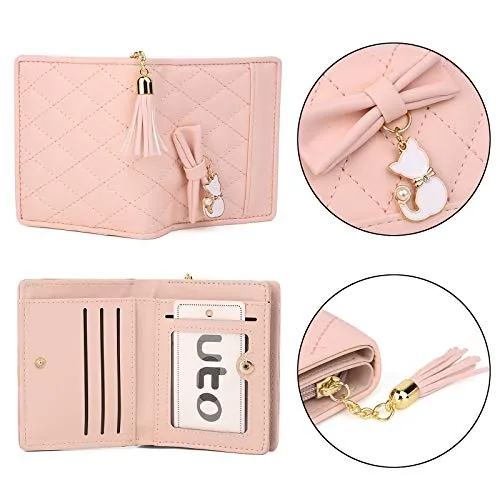 UTO Women PU Leather Small Wallet Cat Pendant Card Phone Holder Zipper Coin Purse Zoey Pink