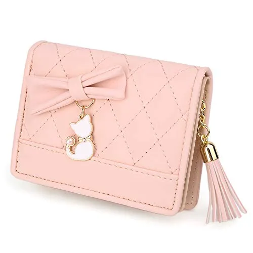 UTO Women PU Leather Small Wallet Cat Pendant Card Phone Holder Zipper Coin Purse Zoey Pink