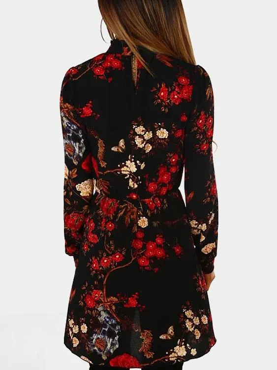 Wholesale Black Round Neck Long Sleeve Floral Print Mini Dresses