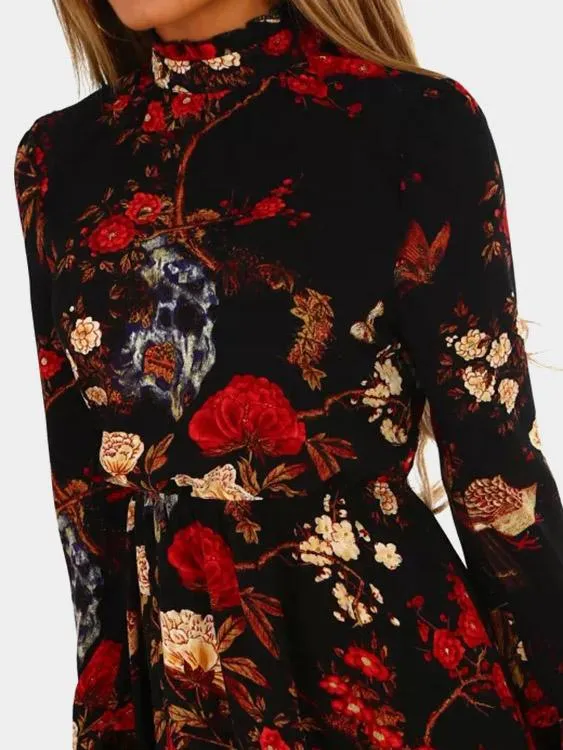Wholesale Black Round Neck Long Sleeve Floral Print Mini Dresses