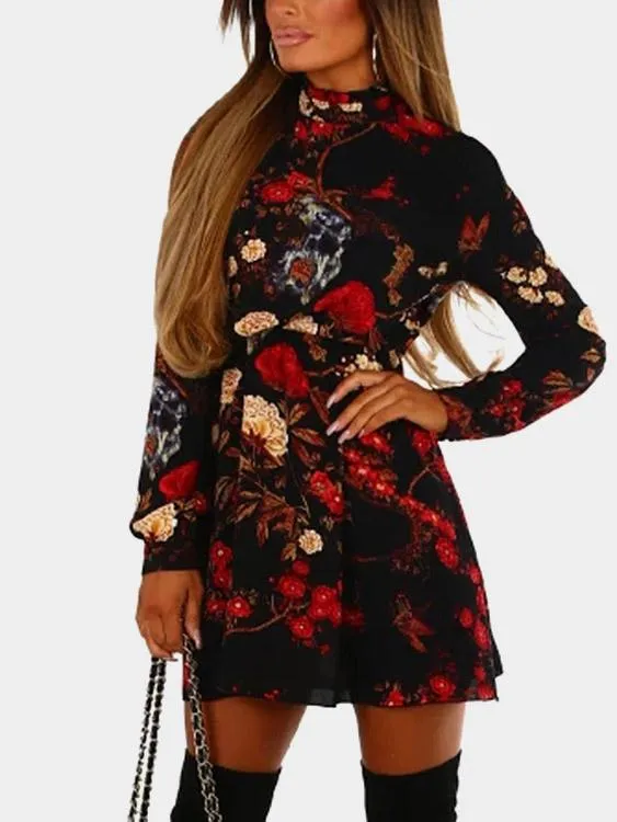 Wholesale Black Round Neck Long Sleeve Floral Print Mini Dresses