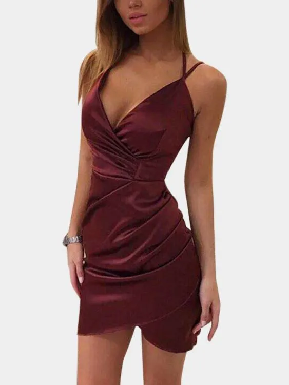 Wholesale Burgundy V-Neck Sleeveless Plain Slit Hem Mini Dress