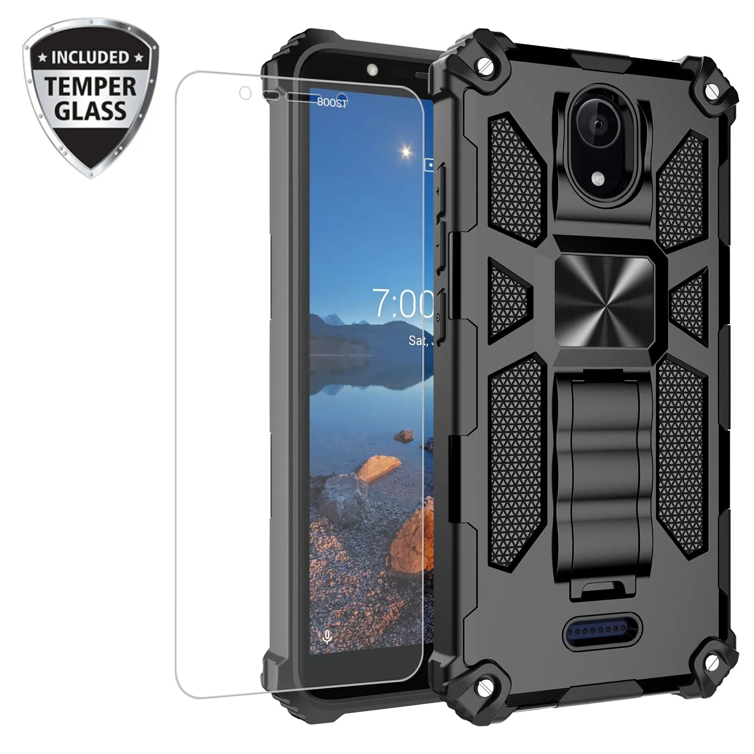 Wiko Ride 2 Case [Military Grade] Ring Car Mount Kickstand w/[Tempered Glass] Hybrid Hard PC Soft TPU Shockproof Protective Case - Black